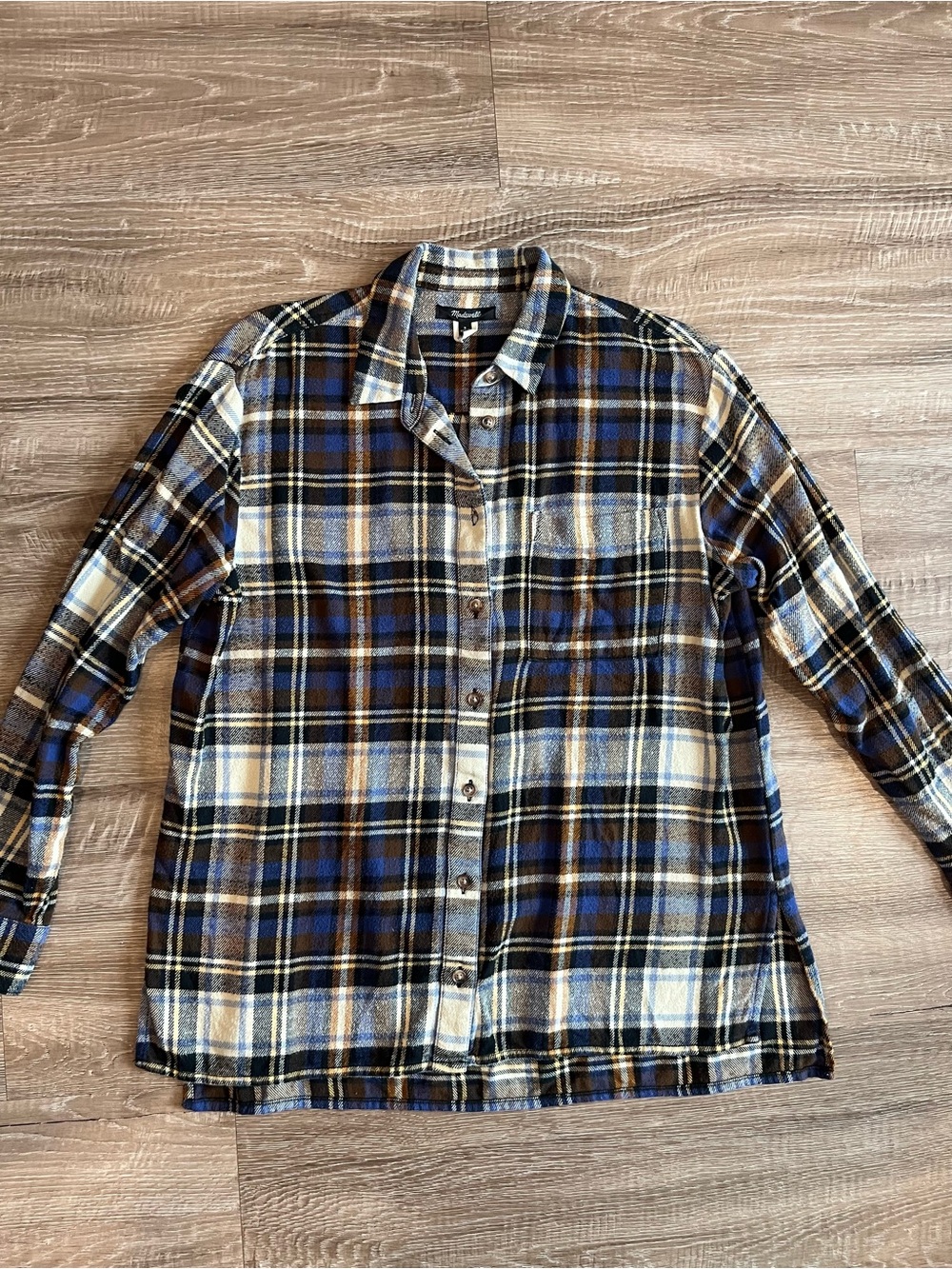 Madewell women’s small blue mustard plaid  flannel